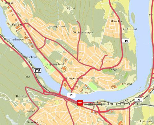 3 DAGENS SITUASJON Kongsvinger sentrum er et sentralt kommunikasjonsknutepunkt i SørHedmark. Hele fem riksveger har sitt utgangspunkt i eller går gjennom byen; Rv 2, Rv 20, Rv 210, Rv 200 og Rv 175.