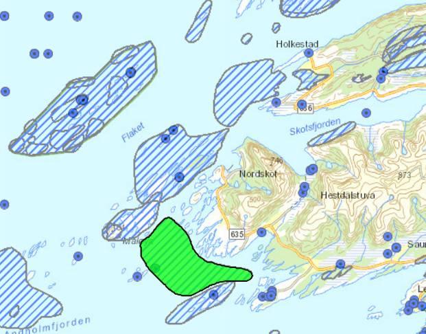 en kilometer unna utdypingsområde A, mens beiteområdet i nordøst overlapper delvis med utdypingsområde F. Begge områdene er av en slik størrelse at ev.