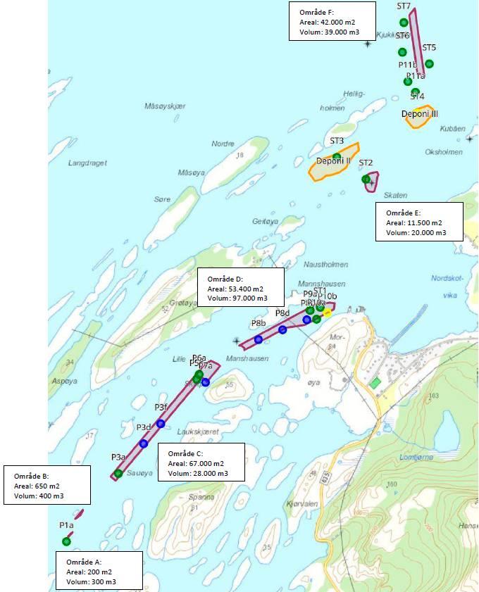 Figur 1: Oversiktskart over tiltaksområdet i Grøtøyleia. Kartet viser utdypingsområder, dumpeområder og prøvestasjoner for miljøteknisk undersøkelse av området.