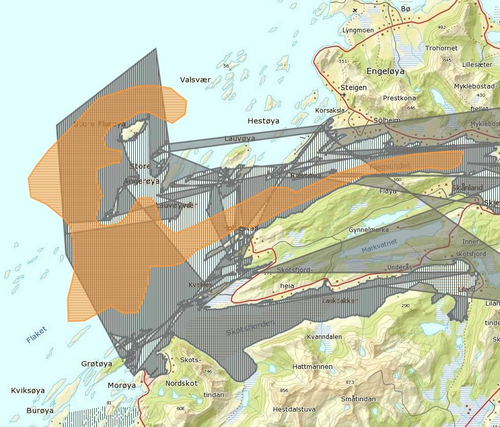 Figur 4: Oversikt over gyteområde og gytefelt for torsk («Kjyklingkolla», merka med henholdsvis oransje og grått) ved Grøtøyleia.