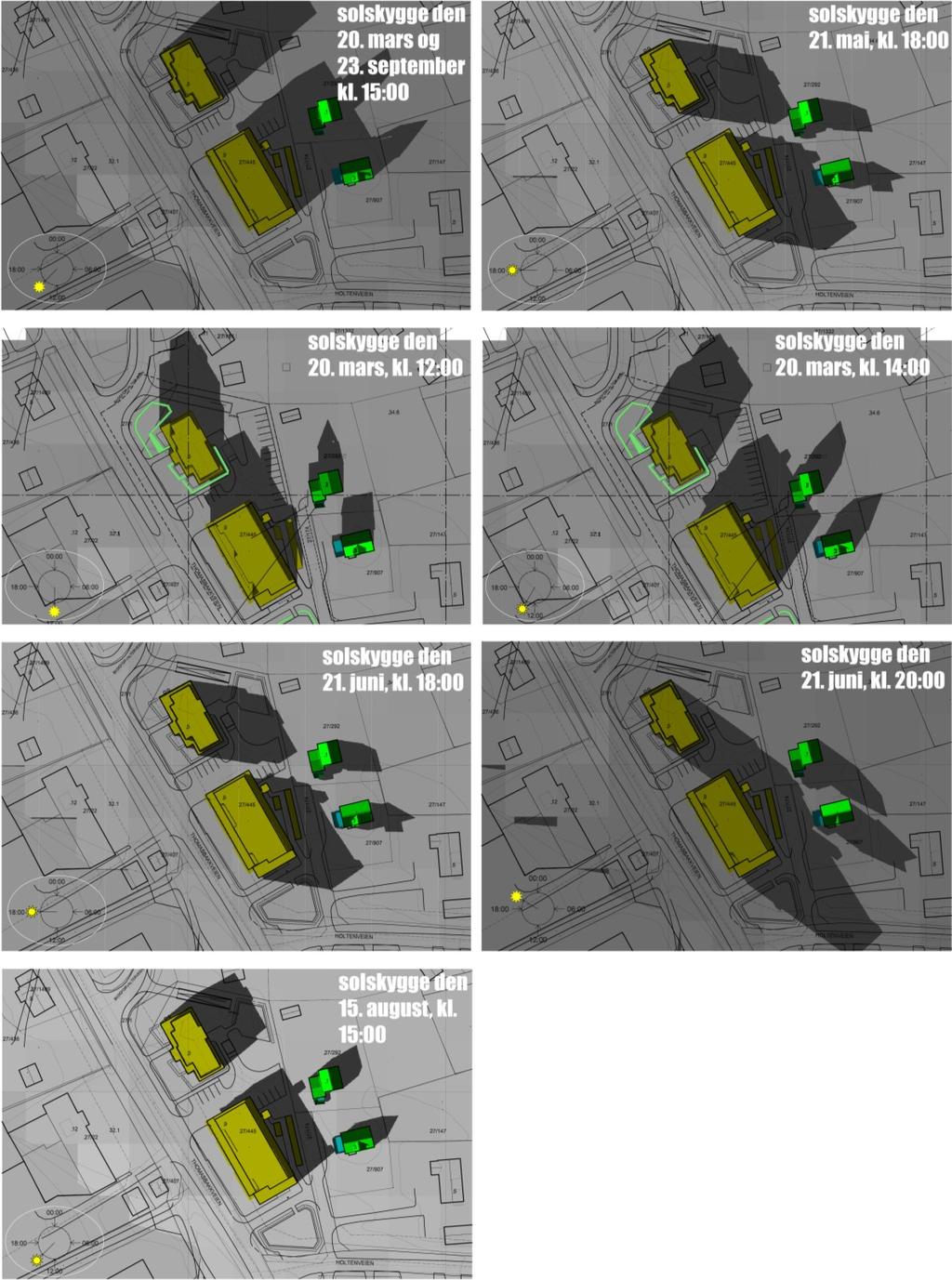 Fig 2: Sol-/skyggeanalyse Naboene har vært tydelige når det gjelder hvordan deres eiendommer og utearealer blir påvirket av planlagt bebyggelse, i særlig stor grad blokk B.