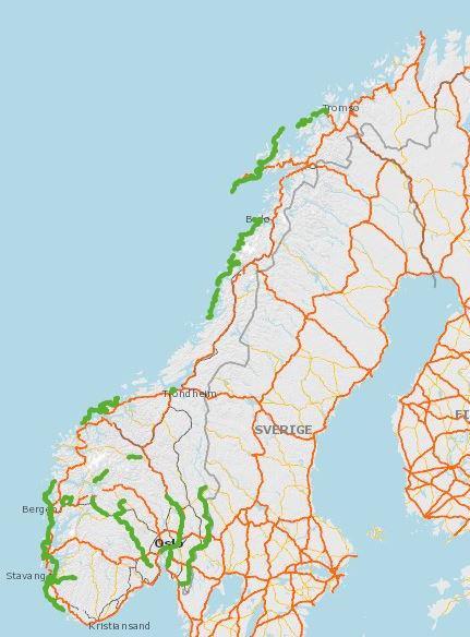 Status nasjonale sykkelruter Rute 1 Kystruta Rute 2 Kanalruta Rute 3 Fjord og Fjell Rute 4 Rallarvegen Rute 5