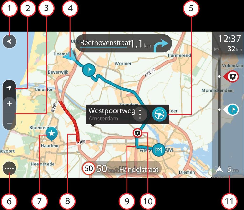 Hva vises på skjermen Kartvisningen Kartvisningen vises når du ikke har planlagt en rute. Faktisk posisjon vises med en gang GO har innhentet GPS-posisjon.