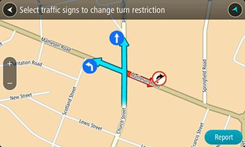 Angi riktig veinavn. 6. Velg Report. Svingerestriksjon Velg dette alternativet for å rapportere feil svingerestriksjoner. 1. Trykk på og hold nede for å velge stedet for kartendringen i kartvisningen.