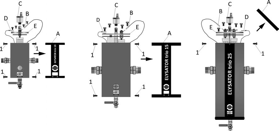 Bytte ut anode 1.Steng av og tøm ELYSATOR 2.10 / 15: Fjern dekselet foran A 25: Fjern isolasjonen på toppen (lokk) A 3. Koble fra kabelen (fjern konnektoren) B 3.Skru opp luftekanalen C 5.