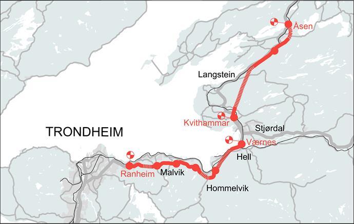 E6 Trøndelag Beregningene er ikke direkte sammenlignbar med beregningene for 2016. Ulsberg-Melhus: Strekningen forlenget ca 4 km, annen vegtrasé og vegstandard.