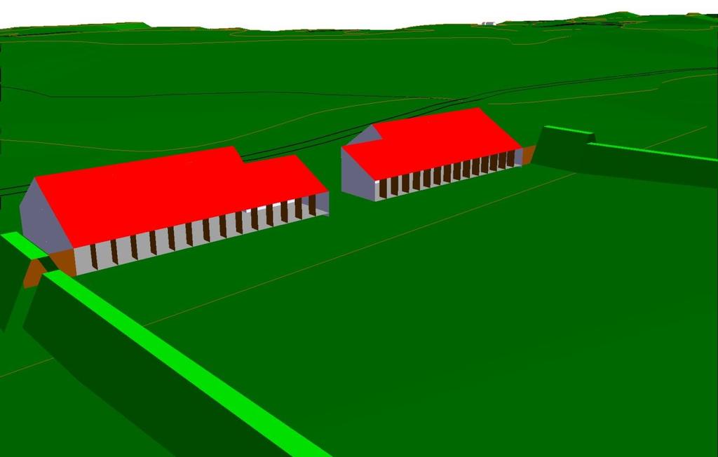 Figur 2. Modell av planlagte skytehus hentet fra beregningsmodellen, basert på skisser og tegninger. 5.