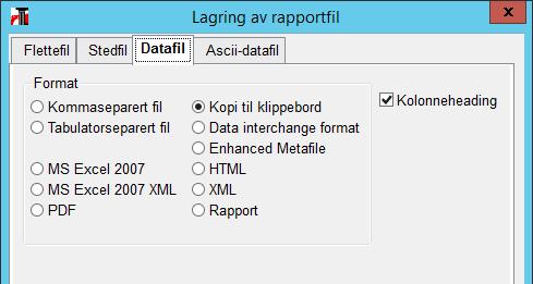 Velg Datafil for å eksportere innholdet i rapporten over i et annet format, for eksempel Excel, PDF eller i en flettefil.