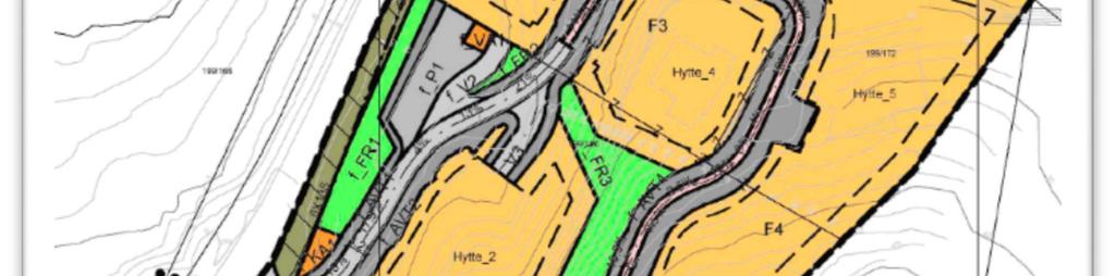 Då dei 2 første hyttene på eigedommane 199/171 og 199/172 vart bygde øvst i feltet mot nordaust, vart hyttene trekt Figur 1: Opprinneleg reguleringsplan sørover og