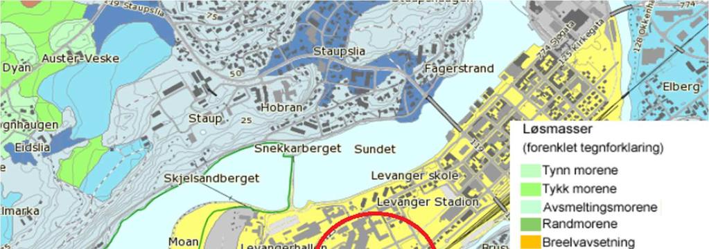 3 Resultater LEVANGER KOMMUNE Kvartærgeologisk kart vist på figuren under, viser at løsmassene i området domineres av elveavsetning.