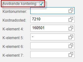 Avvikende kontering Dersom utbetalingen skal konteres på eksempelvis et annet koststed eller annet prosjekt enn lønnen din normalt konteres på, og virksomheten har rutiner for at ansatte selv