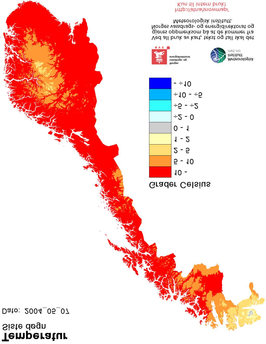 flere lavereliggende områder i Sør-Norge fikk 2 25 cm nysnø den 21. og 22. mai, det er uvanlig så sent i mai. Figur 1.1.3 Temperaturen 7. og 21. mai 24. Kilde: NVE og met.