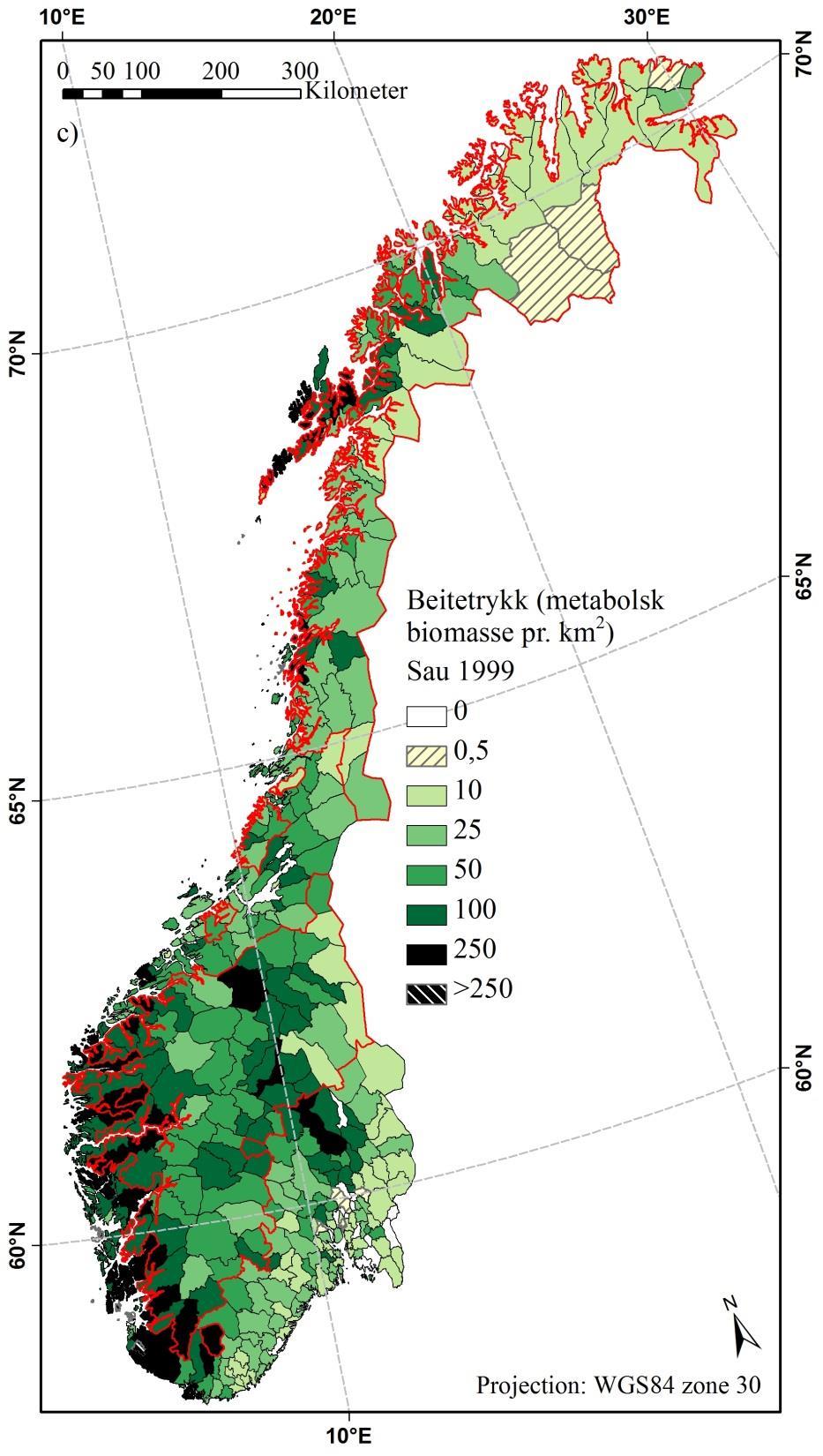 Fordeling av sauens metabolsk biomasse på utmarksbeite i norske kommuner i 1999 Økning i fjellet, nedgang på kysten fra 1949 til 1999 75 % av all sauebeiting skjer i fjellet 3000000000 Sum