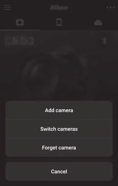 1 Smartenhet: Åpne -fanen i SnapBridge-appen, trykk på > Forget camera (Glem kamera), velg ønsket kamera og