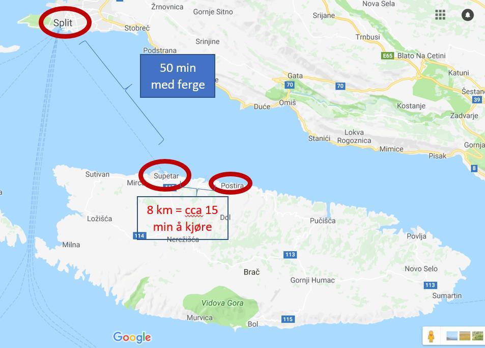 Annkomst til Brac og Postira Postira er en litten fiske by på øya Brac, bare 8 km fra Supetar. Brac ligger mellom byene Split og Dubrovnik i området Dalmatia.