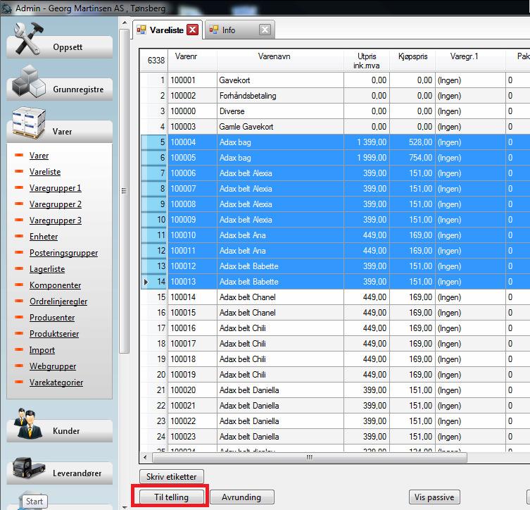Telling ved å skrive ut tellelister (Man legger en del varer over til telling for så å skrive ut ark som man teller etter) Gå inn i Admin Varer Vareliste Gjør et utvalg av varer ved å merke radene