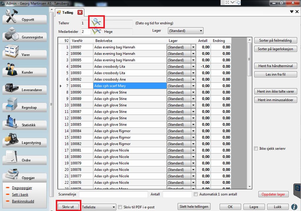 Gå inn i Admin Lagerstyring Telling Hent opp tellingen du lagde ved å klikke på forstørrelsesglasset bak Tellenr.
