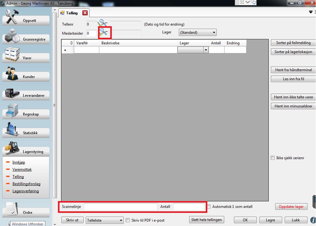 (Man teller varer og setter på Post It lapper med antall for så å ta med en vare bort i kassa og skanne) Gå inn i Admin Lagerstyring Telling Velg hvem du er ved å klikke på forstørrelsesglasset bak