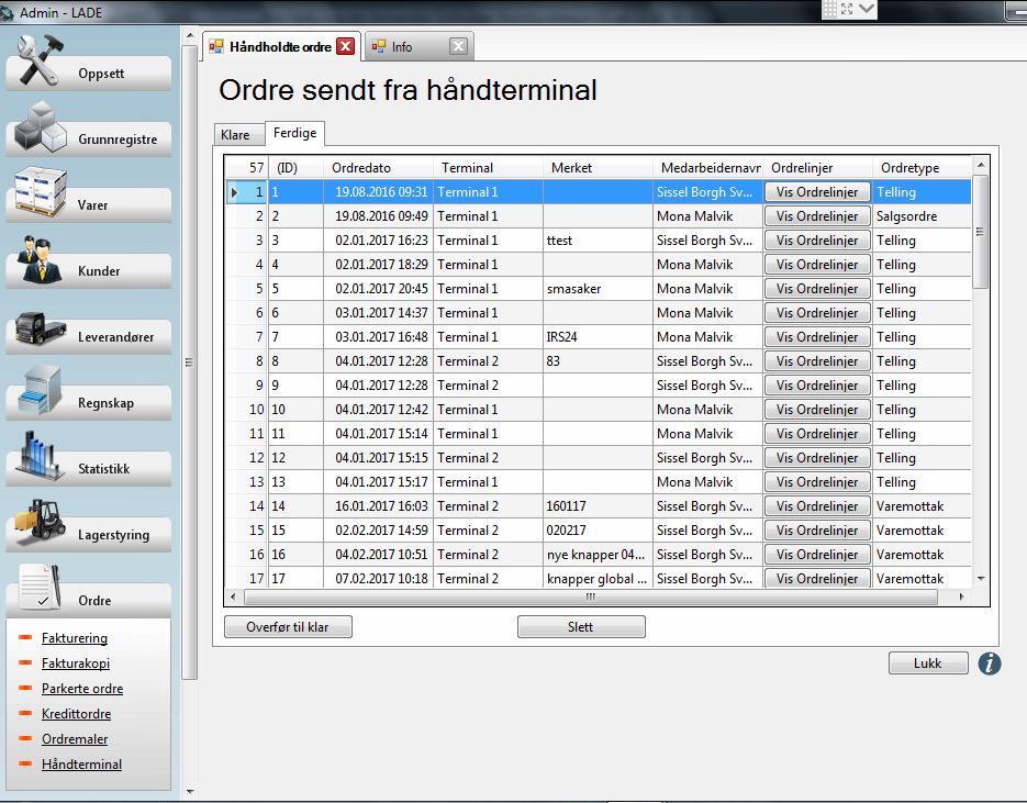 Administrasjon av ordretyper fra håndterminalen 1. I PCKasse på PC n henter du opp ordrene fra mellomlageret. Alle ordretypene havner fra håndterminalen til mellomlageret.