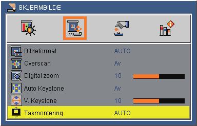Filterduk Bildeformat AUTO: Velger automatisk det passende displayformatet. 4:3: Dette formatet er for 4 3 inngangskilder.