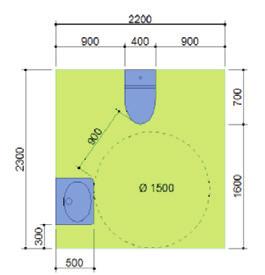 Toalett Plass for snusirkel med diameter 1,5 m foran toalett Fri passasje 0,9 m mellom forkant toalett og forkant vask Vask i 80 cm høyde fra