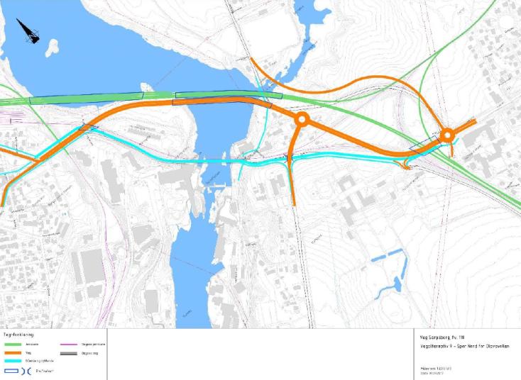 Banealternativ Midt kombinert med vegalternativ 7 Ny firefelts fv. 118 legges parallelt med og syd for ny jernbanebru over Glomma. Anlegg for gående og syklende legges i dagens veg-/banetrase.