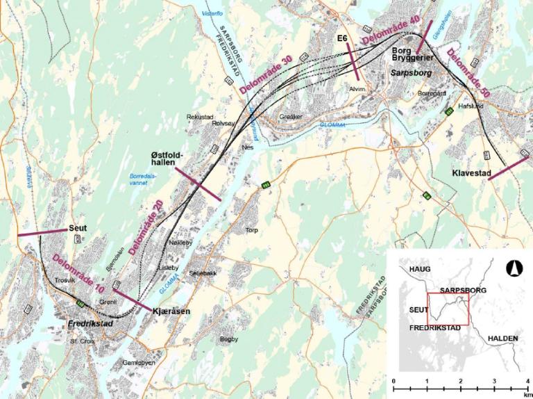 I rapporten er strekningen mellom Seut og Klavestad delt inn i fem delområder; Delområde 10 Seut Kjæråsen: Tiltaket innenfor delområdet omfatter ny dobbeltsporet jernbane, ny stasjon på Grønli og