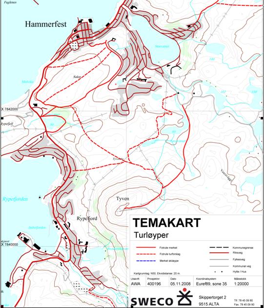 Figur 9.1. Temakart oversikt over turløyper i nærheten av Storsvingen. Ill. Sweco. Jansvatnet ligger i nærheten av Rv. 94 på sørsiden av næringsbyggene på østsiden av riksvegen.