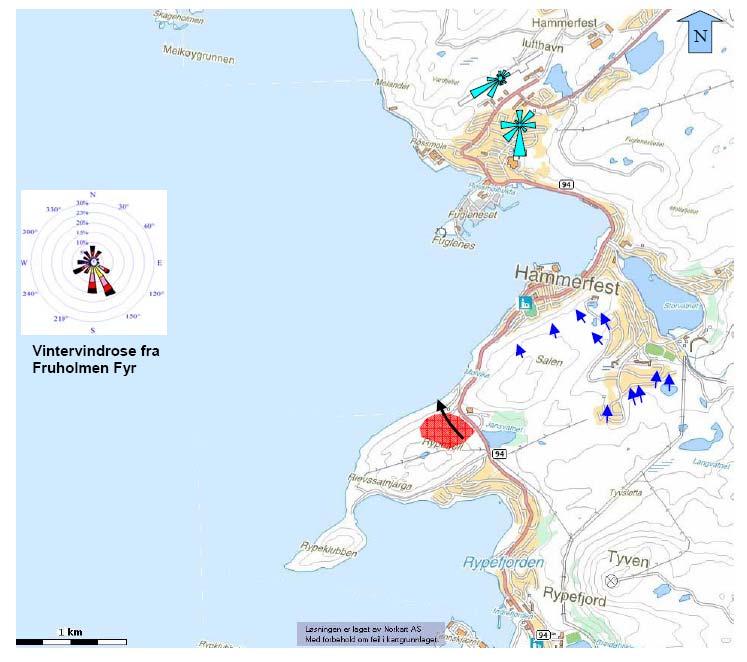 3.9.2 Lokale vindforhold Det foreligger lokale statistiske vindmålinger fra målestasjoner lokalisert ved Hammerfest Radio og Hammerfest lufthavn, figur 2.