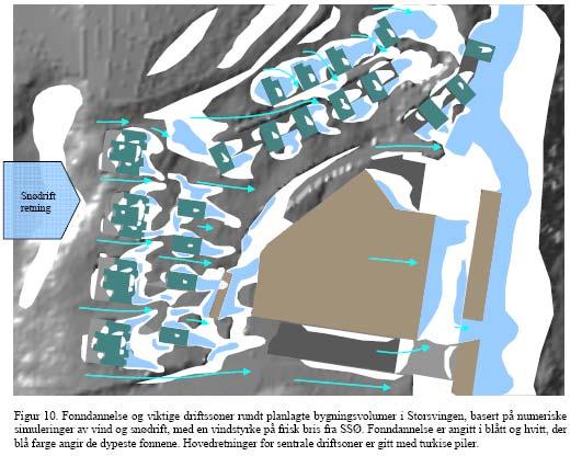 Figur 10 viser resultater fra analyse av snødrift og fonndannelse rundt planlagte bygningsvolumer i Storsvingen, som følge av frisk bris og snødrift fra SSØ.