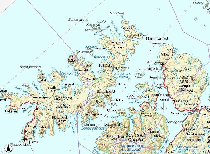 Figur 4.7 Kart over Hammerfest og området rundt. Kilde: www.ngu.no Hammerfest er verdens nordligste by, og er sammen med Vardø den eldste byen i Nord- Norge med bystatus fra 1789.
