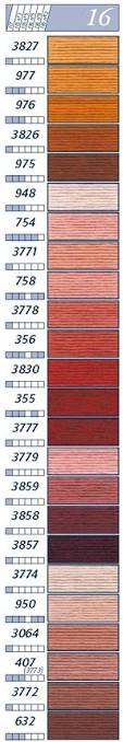 356 Or rose 3770 Coquille d'œuf 3830 Tuile 945 Fond de teint 355 Brun rouge 402 Poterie 3777 Cuir Rouge 3776 Nougatine 3779 Rose bruni 301 Ecureuil 3859 Glaise 400 Marron 3858