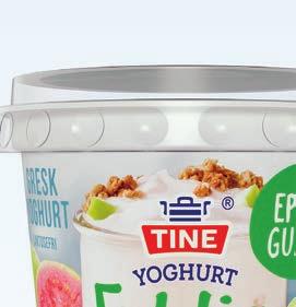 TINE Yoghurt Fyldig Eple/Guava 165 g SUSESSLANSERINGEN NÅ OGSÅ «PÅ FARTA» Nå blir det enkelt å spise TINE Yoghurt Fyldig «på farten», som nå kommer på singelbeger med skje i lokket.