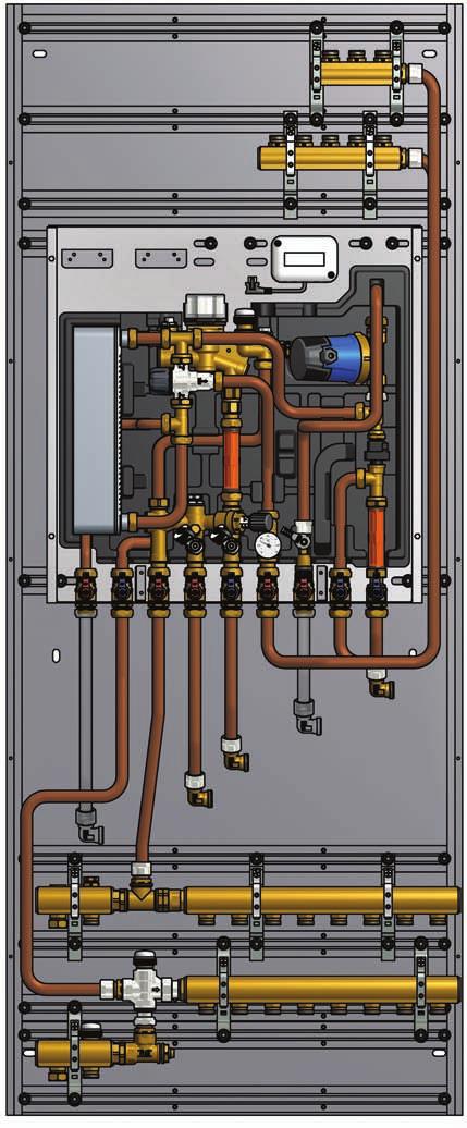 for gulvvarme) og modell HL (begge deler). Kun 3 rør i sjakt (tur/retur varme og kaldt vann). Mengdemåling av kaldt vann. Energimåling av varme.