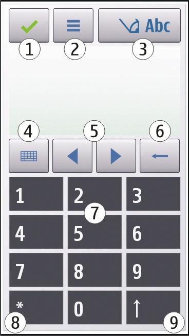 Skrive inn tekst 1 Lukk Lukker det virtuelle tastaturet (Alfanumerisk tastatur). 2 Inntastingsmeny åpner menyen for inntasting via berøring.