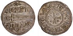 -350- Penning, Jorvik (919-925), kv. 1+/01. S1014, N555 Sverd / Kors med punkter i korsvinklene. Innskrift SCI PE TRIIO: St. Peters penger / EBOR A CEI : Byen Jorvik. S 1014, N555.