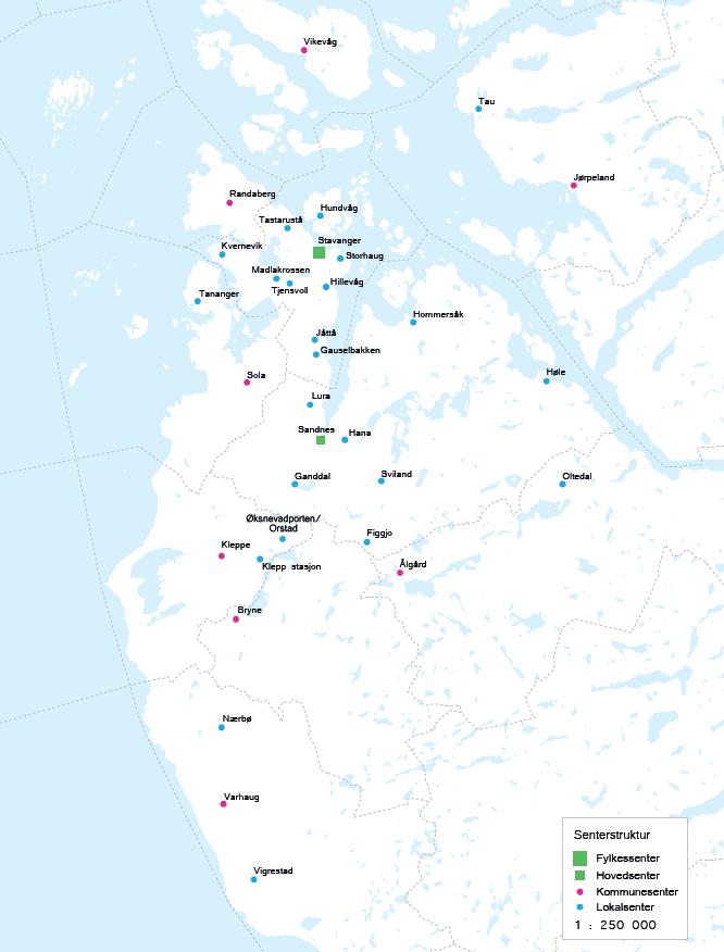 Det er totalt definert 33 sentre, fordelt på: 1 Fylkessenter (Stavanger