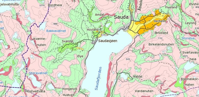 Figur 3: Løsmassekart for Sauda (NGU). Teien er vist med rød markering. Tidligere skredhendelser Det er ikke registrert noen tidligere skredhendelser i planområdet i NVE sin skreddatabase.