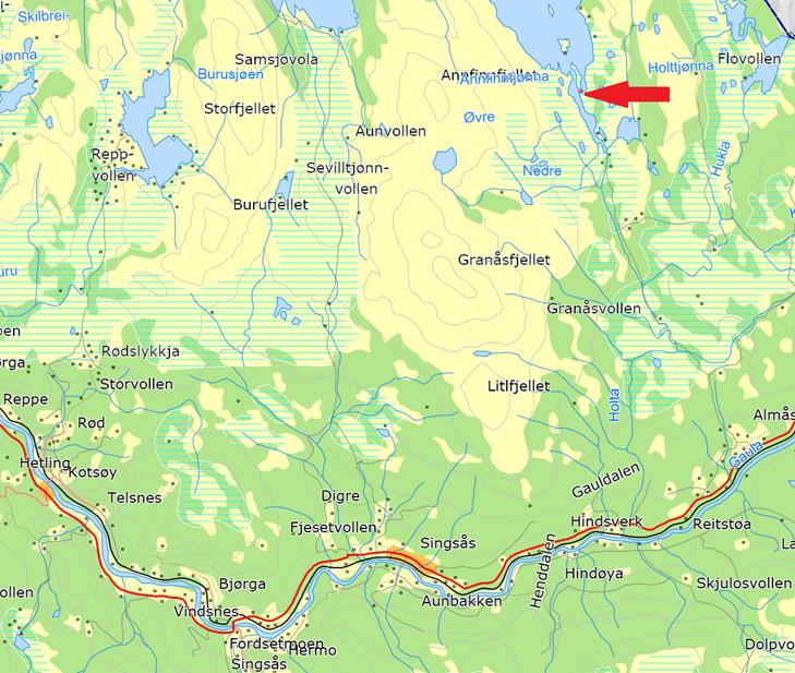 Figur 1 Oversiktskart over deler av Midtre Gauldal kommune. Området det søkes dispensasjon er markert med rød pil. Gjeldende plan: Figur 2 Oversiktskart over deler av.