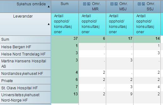 Den største andelen sendes til Namsos og Tynset (20) Tabell 18: Kneproteser (drg 209 f,g) som reiser ut i 2017.