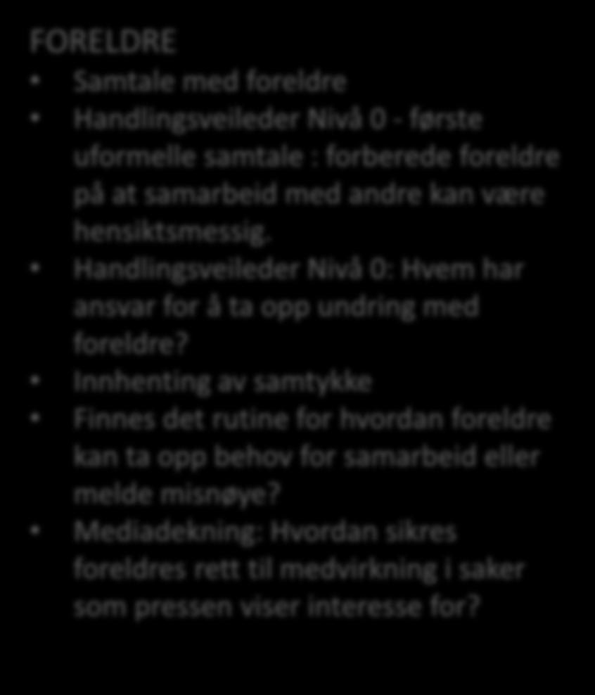 BTI Sjekkliste på individnivå FORELDRE Samtale med foreldre Handlingsveileder Nivå 0 - første uformelle samtale : forberede foreldre på at samarbeid med andre kan være hensiktsmessig.