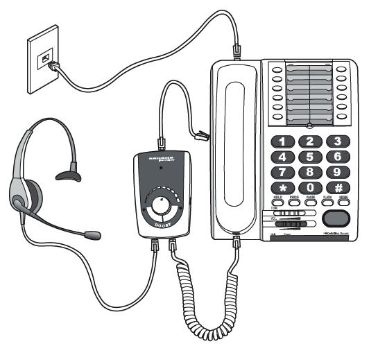 INSTALLASJON OG BRUK 1. Sett inn et 9-volts batteri (ikke inkludert). Koble telefonhåndsett og hodesett (valgfri) til UA-50 som vist på tegningen.