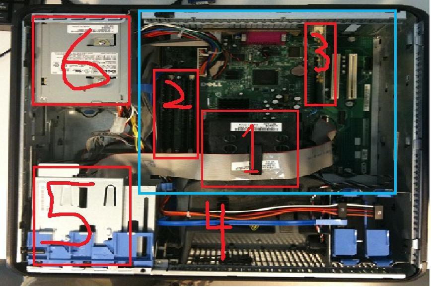 Del2-Bak skallet 1. Når dere har åpnet maskinen, skal dere identifiser de ulike enhetene: 1.Prsessren, på bildet ser man et minikabinett fr kjøleelementet sm ligger ppe på prssesren. 2.RAM 3.