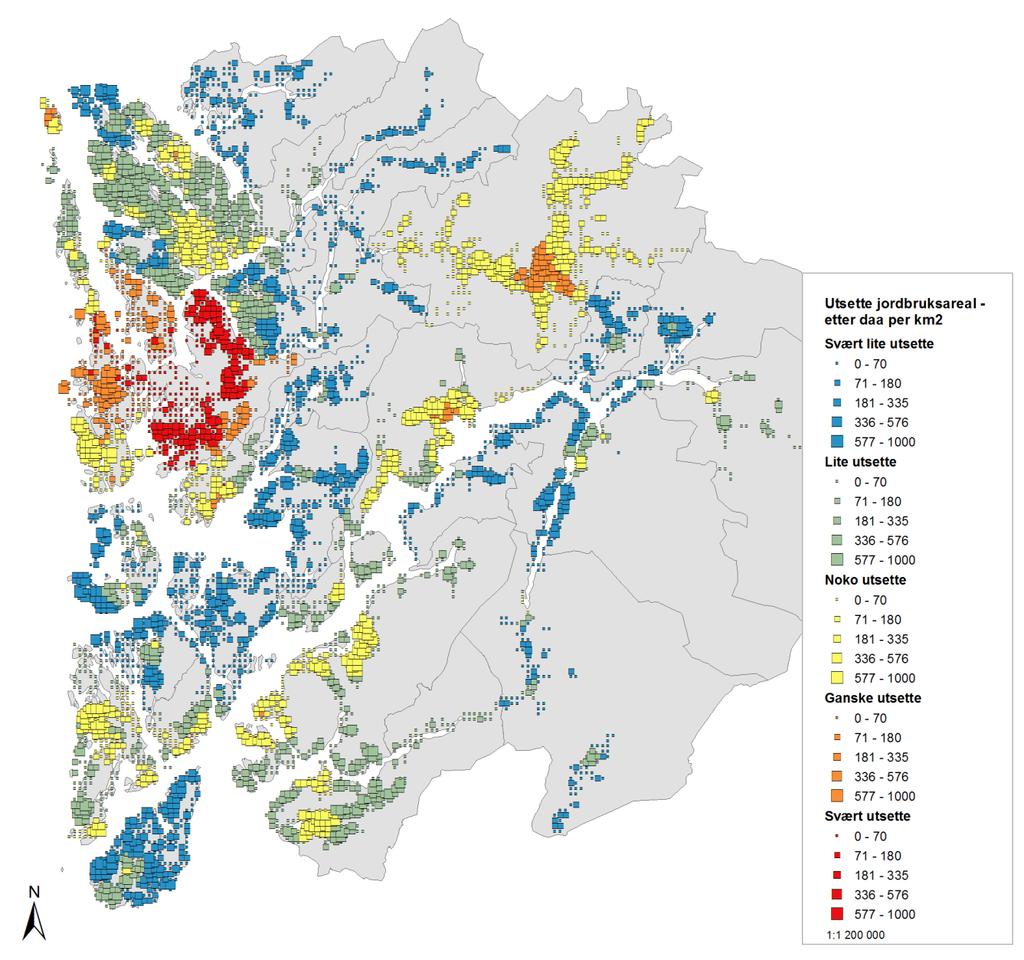 Figur 9: Kart over utsette jordbruksareal i Hordaland, etter areal (daa/km2) og kategori. Resultatet er vist på 1x1 km ruter.