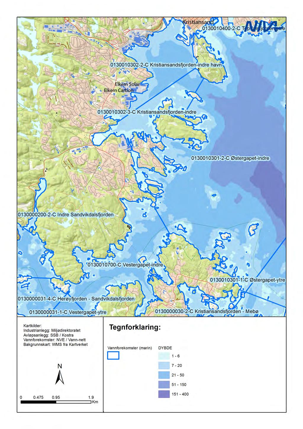 Figur 3. Oversiktskart som viser plasseringen av bedriftene Elkem Solar AS og Elkem Carbon AS i Kristiansandsfjorden.
