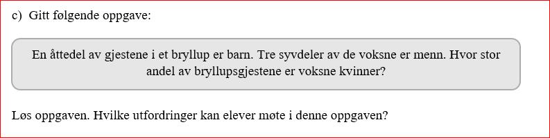 Syv åttedeler av gjestene er voksne. Fire syvdeler av disse er voksne kvinner, og ved hjelp av dette kan man komme fram til at halvparten av gjestene er voksne kvinner.