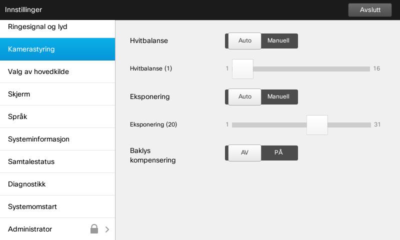 54 Innstillinger Kamerastyring Om kamerastyring I vinduet Kamerastyring kan du stille inn kameraets hvitbalanse og eksponering.