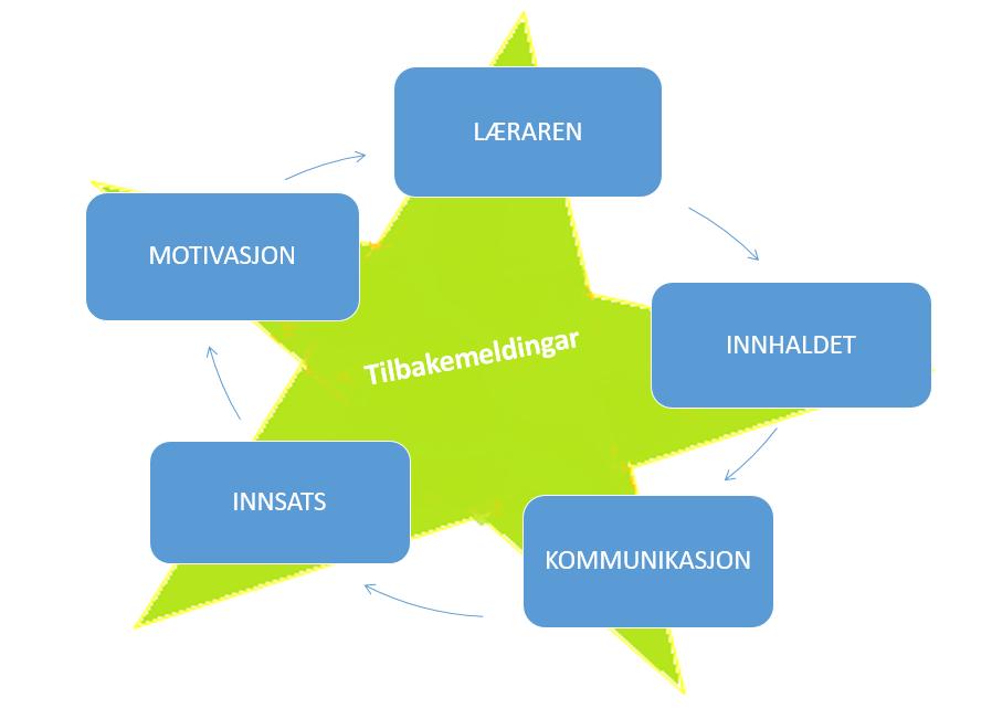 Figur 5. Fem samanhengande kategoriar som går inn i kvarandre. Kva emne elevane snakkar om når dei skal diskutere temaet tilbakemelding.