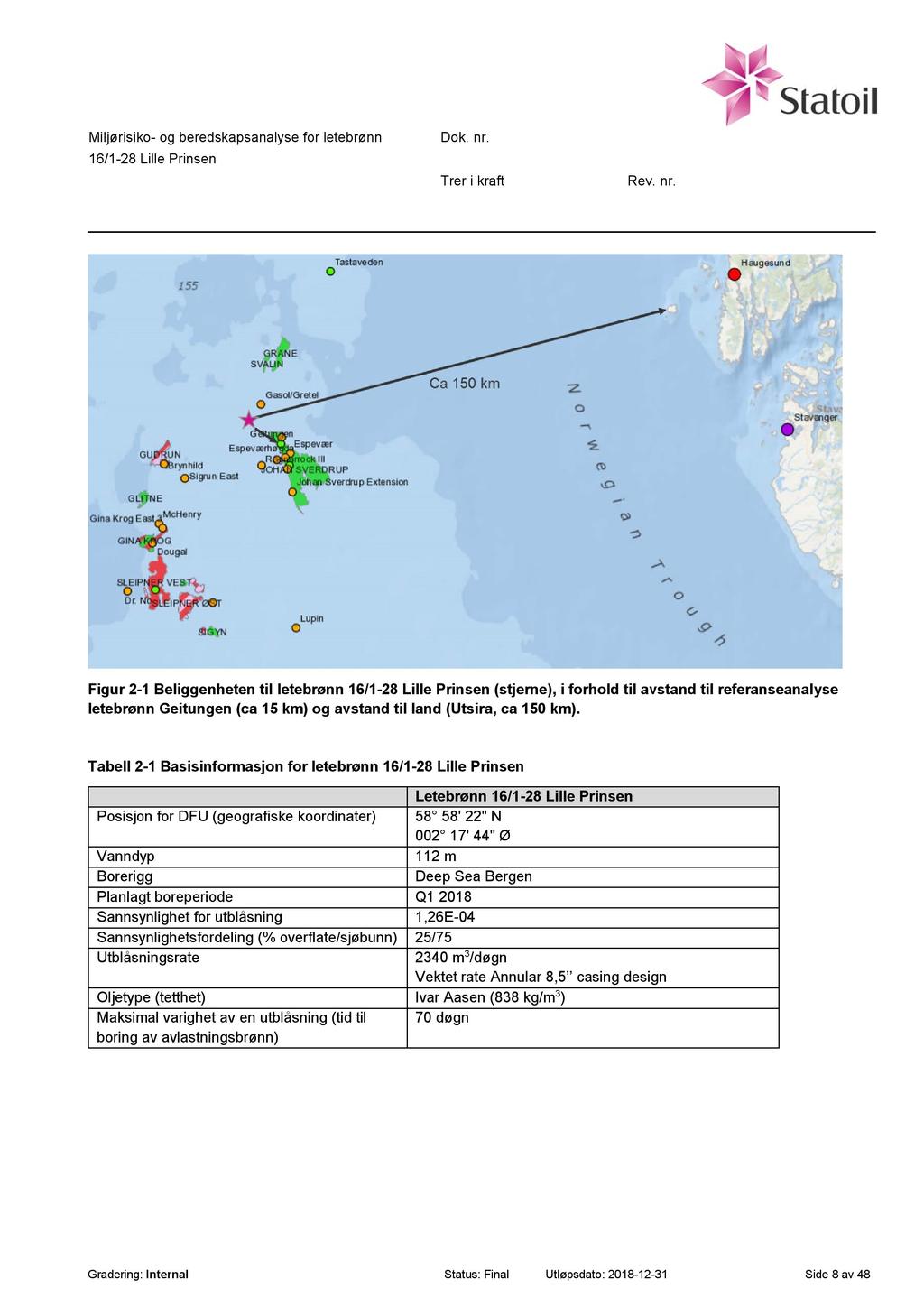 Miljørisiko - og beredskapsanalyse for letebrønn 16/1-28 Lille Prinsen Figur 2-1 Beliggenheten til letebrønn 16/1-28 Lille Prinsen ( stjerne ), i forhold til avstand til referanseanalyse letebrønn
