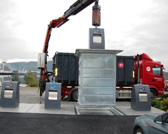 Nedgravde containere kan brukes for alle typer avfall. Disse passer for områder med 10-100 boenheter hvor det er gode adkomstforhold for tømmebil.